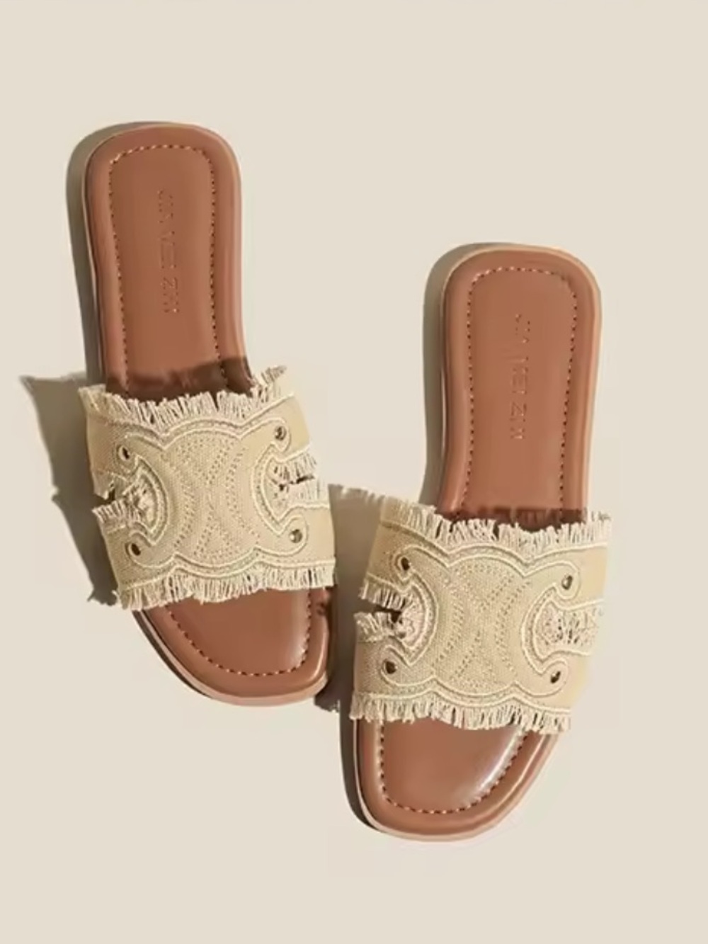 Celine Cream Embroidered Fringe Slide Sandals